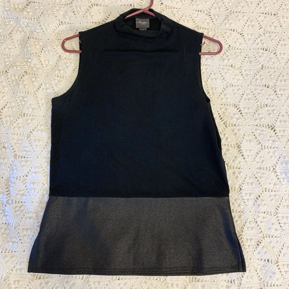 Chico's Traveler (M) Tank Top - Black Blouse Faux Leather Hem Detail Chic Shirt
